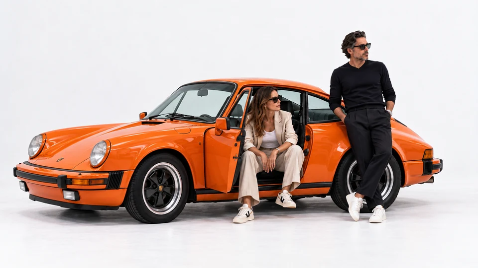 Par s naočalama uz klasični narandžasti Porsche 911 u bijelom studiju